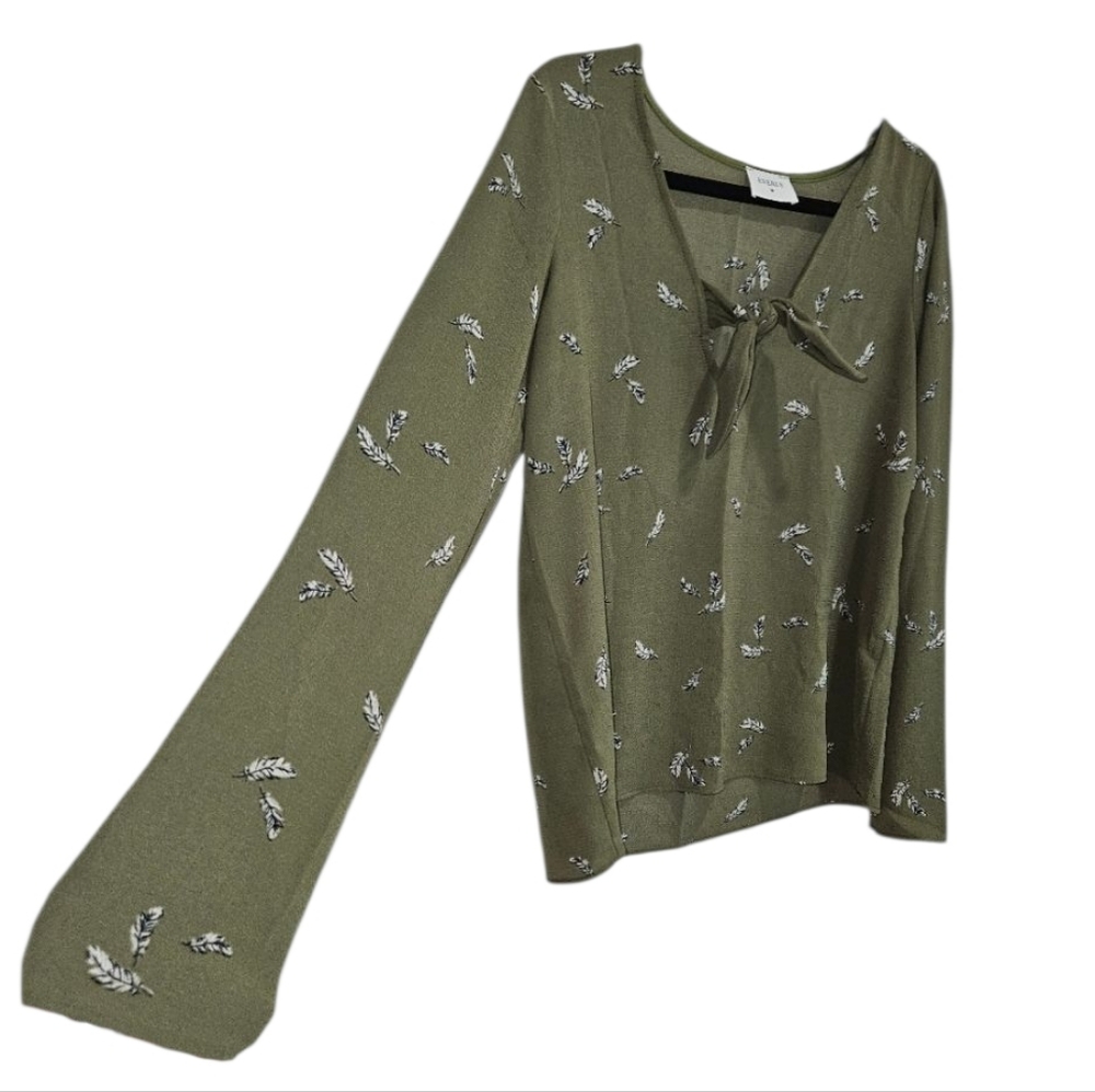 Everly Blouse Women's Small Green Feathers Long Sleeve Tie Shirt Top Bohemian